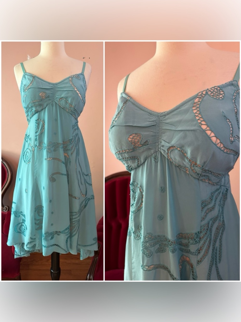 Tracy Reese Vintage Y2K Silk Nude Illusion Cutwork Dress Aqua Blue Boho Small